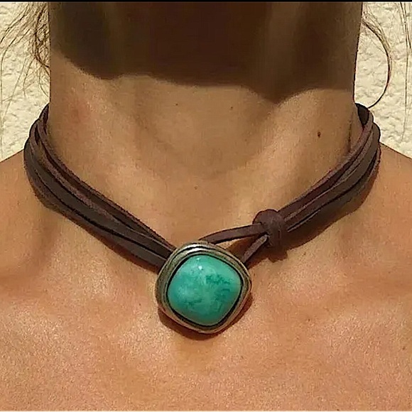 Jewelry - Boho Vintage Turquoise Pendant Choker, Bohemian, Vacation, Leather Cord, Sale